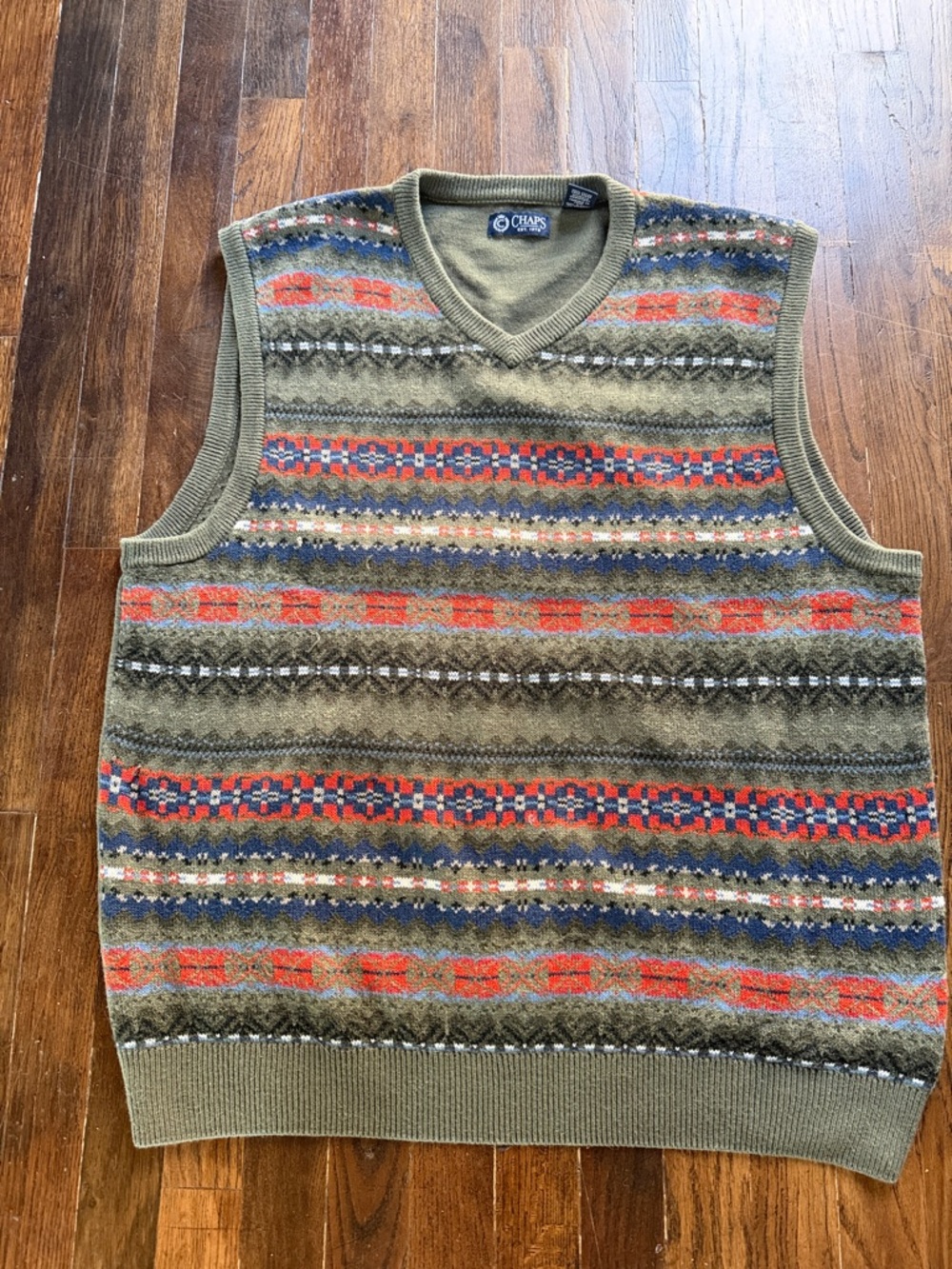 Ralph Lauren Chaps Olive Multicolor Fair Isle V-Neck Sweater Vest XL